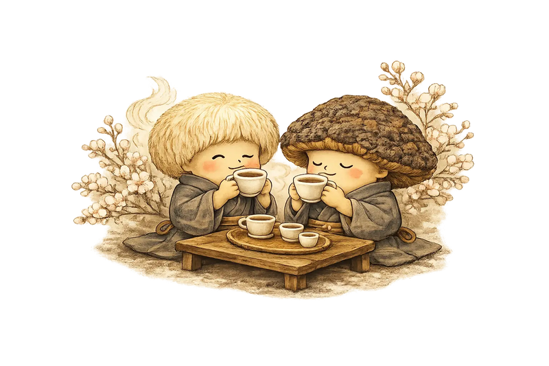 Mariko Grove mascots Lion and Chaga sitting together in kimonos, enjoying a warm cup of mushroom coffee