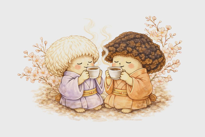 Mariko Grove's Mushroom People Mascots Lion and Chaga enjoying a mug of mushroom coffee together as part of their morning ritual