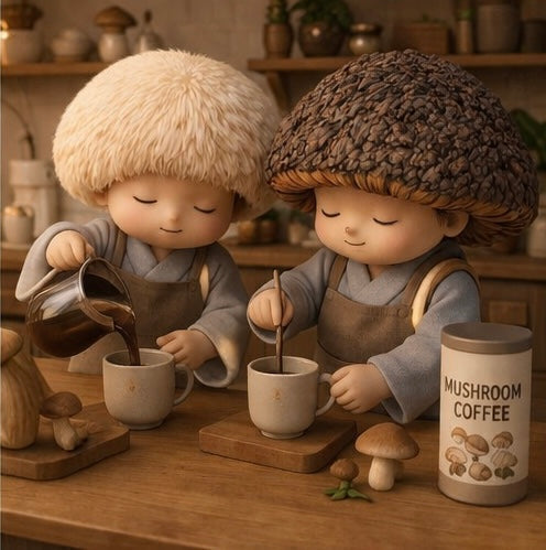 Mariko Groves mascot mushroom people Lion and Chaga preparing some mariko grove mushroom instant coffee each in their own mug